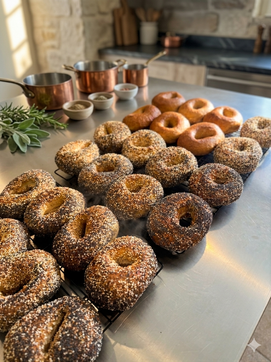 An assortment of freshly baked Branson Bagels sourdough bagels