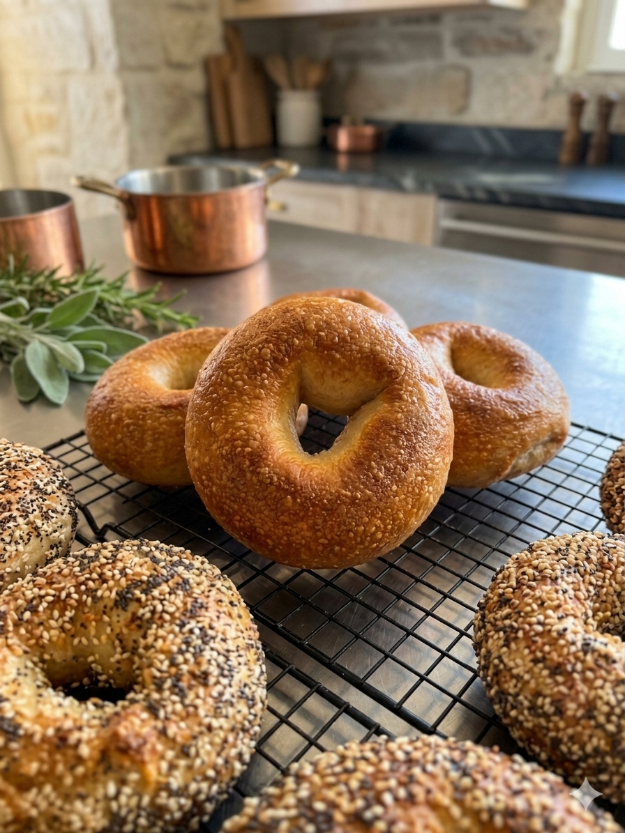 Assorted sourdough bagels, freshly baked