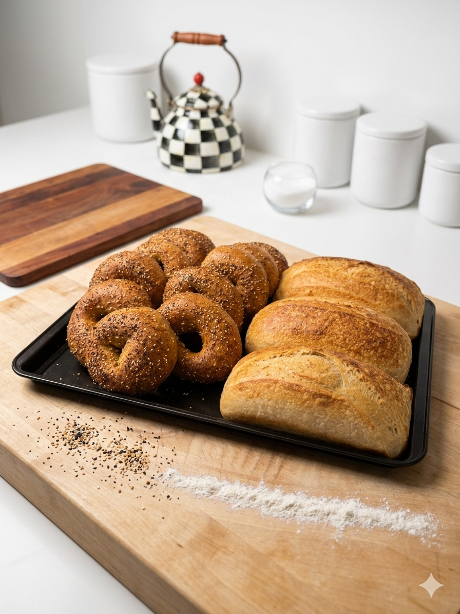 Bagels and sourdough bread laid out together on the baker's tray