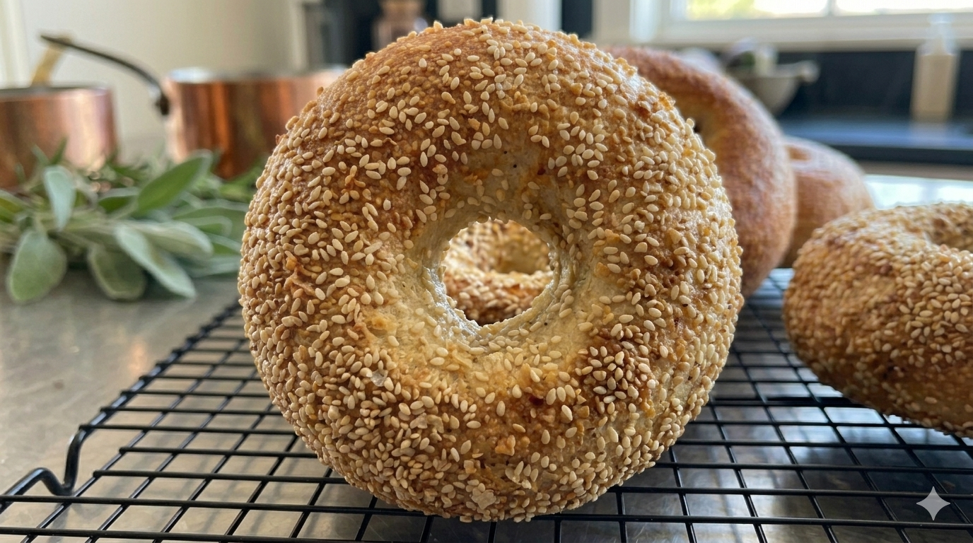 Sesame sourdough bagel, close-up